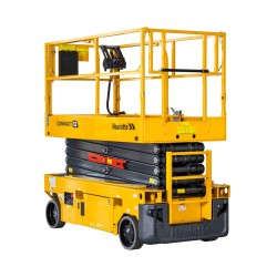 Haulotte COMPACT 12 AE med plafformen nede, og hvit bakgrunn